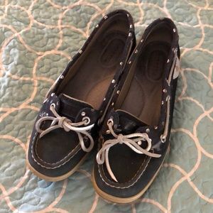 Sperry top sider navy blue with silver polka dots